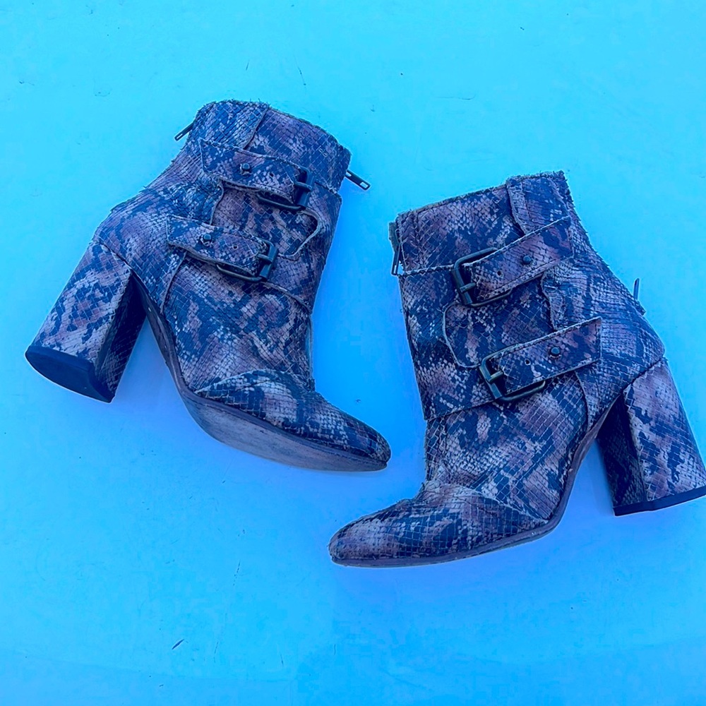 Freebird by Steven Snakeskin Heeled Boots - Brown and Tan